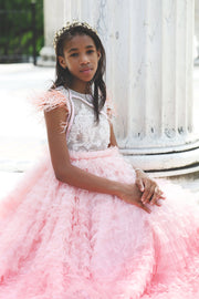 Girl in pink lace ruffle dress