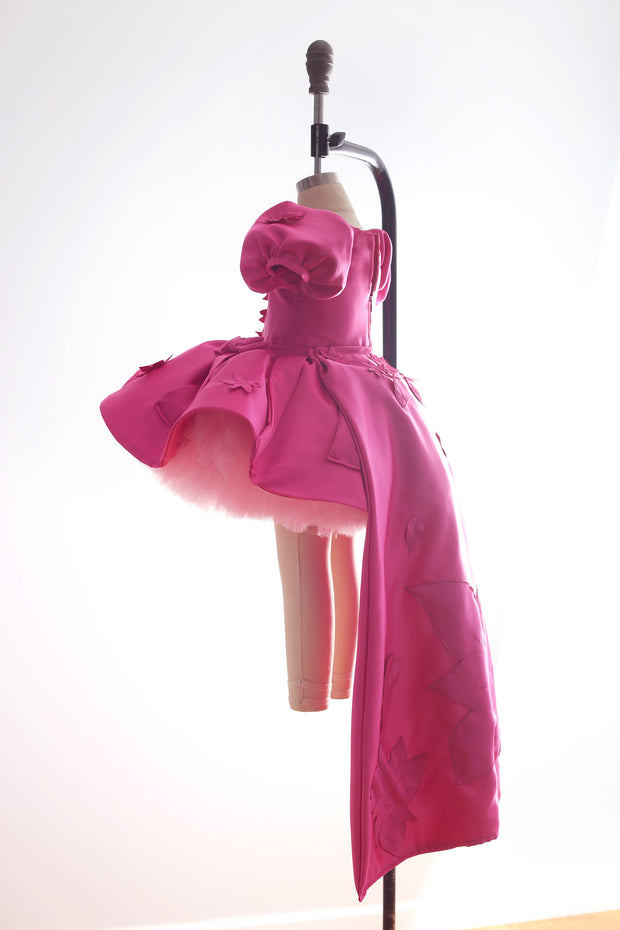 Fuchsia Pink Floral Satin Bow Dress