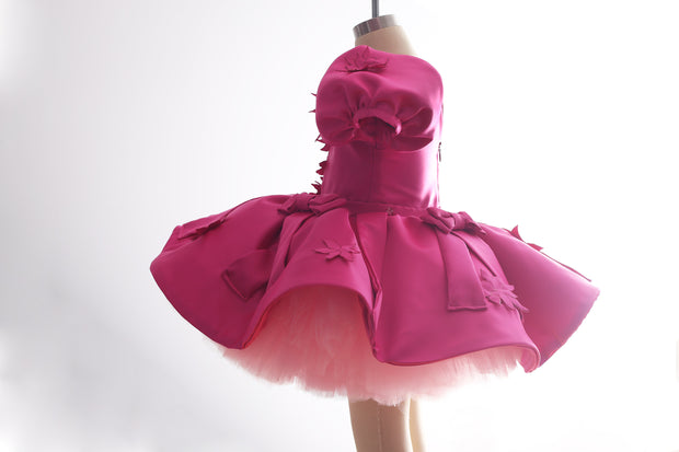 Fuchsia Pink Floral Satin Bow Dress