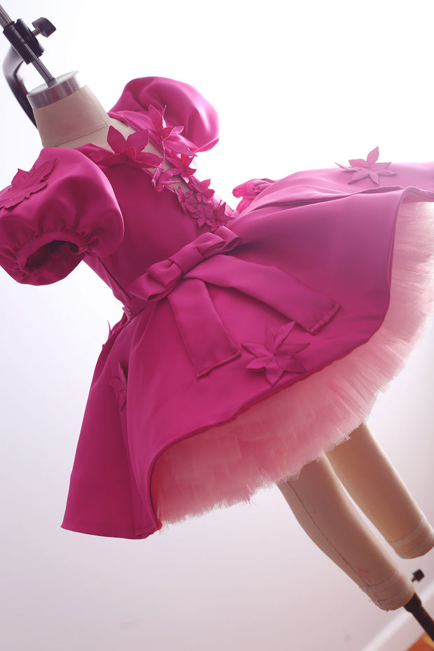 Fuchsia Pink Floral Satin Bow Dress