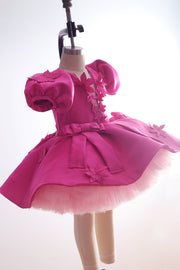 Fuchsia Pink Floral Satin Bow Dress