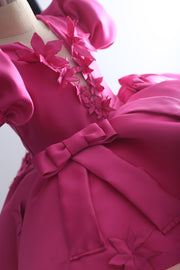 Fuchsia Pink Floral Satin Bow Dress