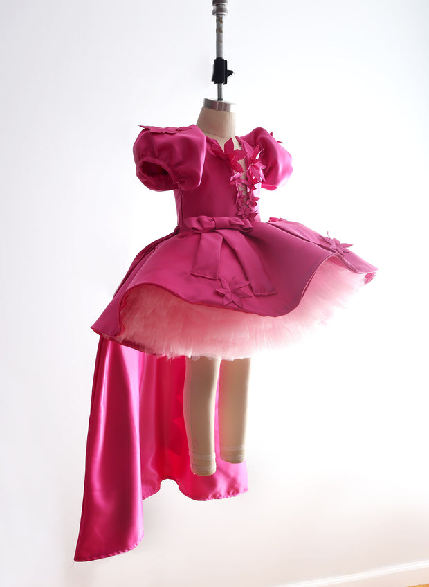 Fuchsia Pink Floral Satin Bow Dress