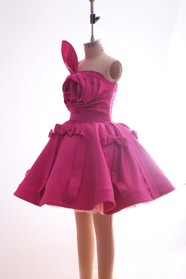 Fuchsia Rosette Satin Party Dress